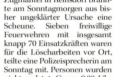 In Reinsdorf brennt Scheune