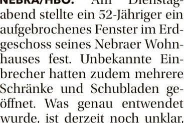 Einbruch in ein Wohnhaus in Nebra