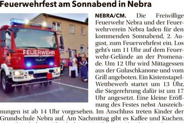 Feuerwehrfest am Sonnabend in Nebra-