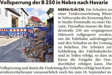 Vollsperrung der B 250 in Nebra nach Havarie